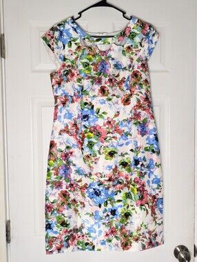 Liz Claiborne White Floral Midi Dress with Blue, Pink & Green Accents